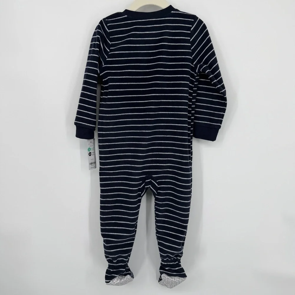 NWT Carter's Navy & White Striped Dinosaur One Piece Fleece Footie Pajama 24mo